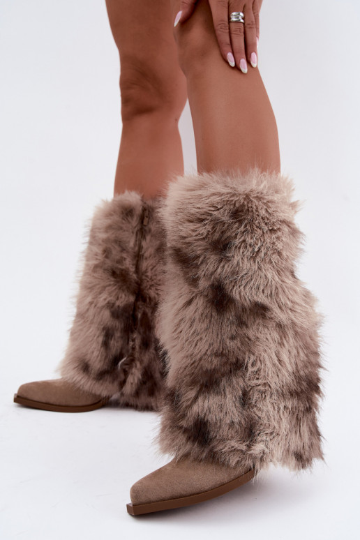 Bottes chaudes couleur sable au-dessus du genou avec fourrure Saphielle