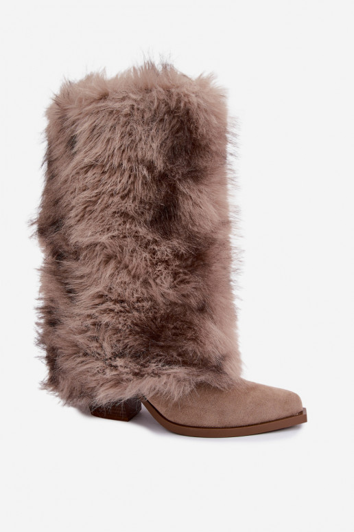 Bottes chaudes couleur sable au-dessus du genou avec fourrure Saphielle