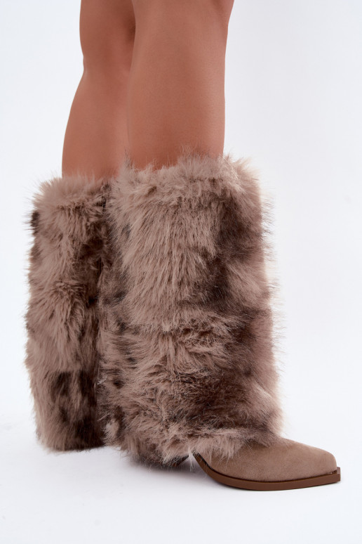 Bottes chaudes couleur sable au-dessus du genou avec fourrure Saphielle