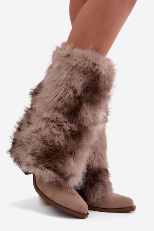 Bottes chaudes couleur sable au-dessus du genou avec fourrure Saphielle
