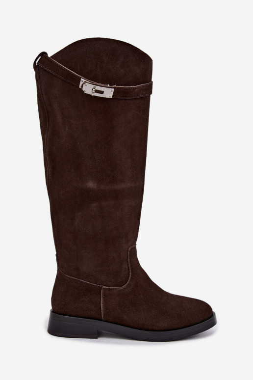 Bottes au-dessus du genou en daim couleur chocolat avec des sangles décoratives Clarimond