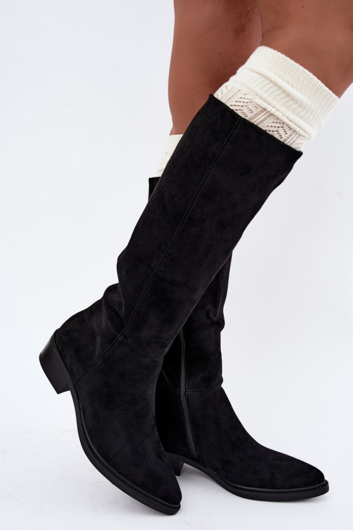 Bottes chaudes noires en daim au-dessus du genou à petit talon Philomene
