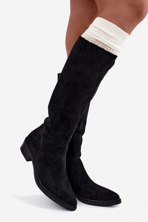 Bottes chaudes noires en daim au-dessus du genou à petit talon Philomene
