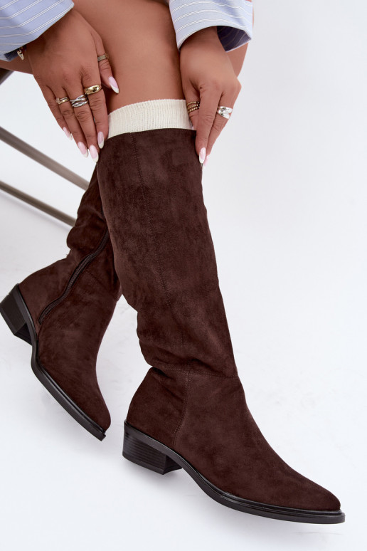 Bottes chaudes couleur chocolat en daim au-dessus du genou à petit talon Philomene