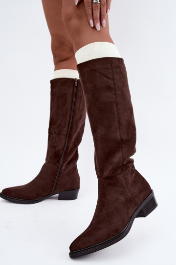 Bottes chaudes couleur chocolat en daim au-dessus du genou à petit talon Philomene 2