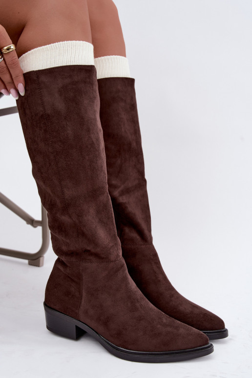 Bottes chaudes couleur chocolat en daim au-dessus du genou à petit talon Philomene