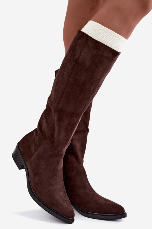 Bottes chaudes couleur chocolat en daim au-dessus du genou à petit talon Philomene