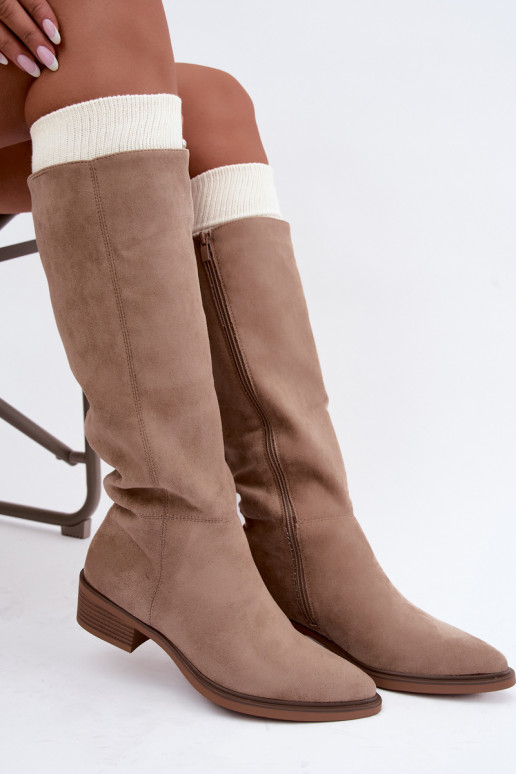 Bottes chaudes couleur sable en daim au-dessus du genou à petit talon Philomene
