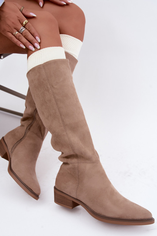 Bottes chaudes couleur sable en daim au-dessus du genou à petit talon Philomene