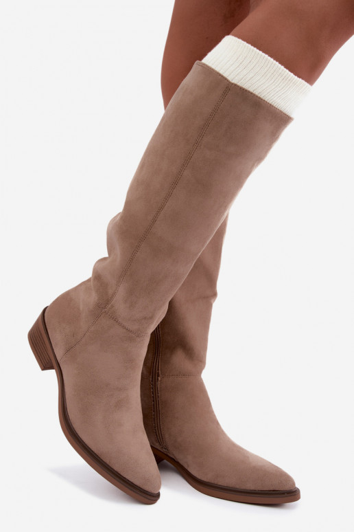 Bottes chaudes couleur sable en daim au-dessus du genou à petit talon Philomene