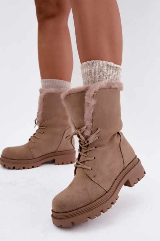 Bottines chaudes couleur sable à lacets avec fourrure à l'intérieur Heloise
