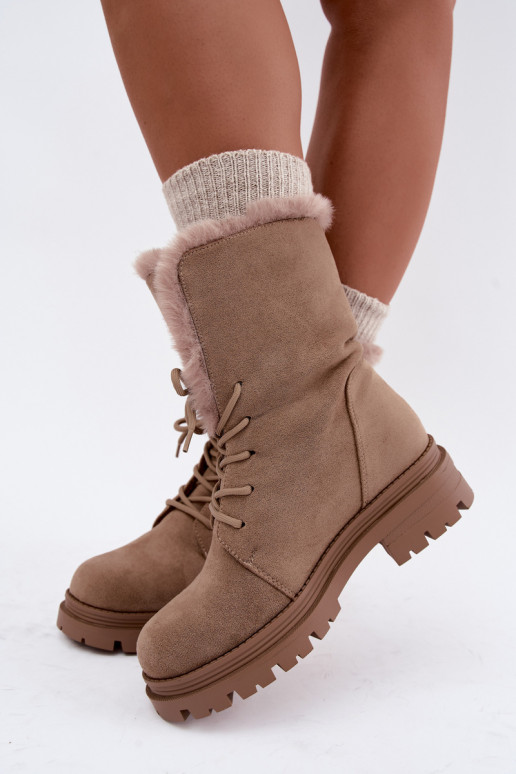 Bottines chaudes couleur sable à lacets avec fourrure à l'intérieur Heloise