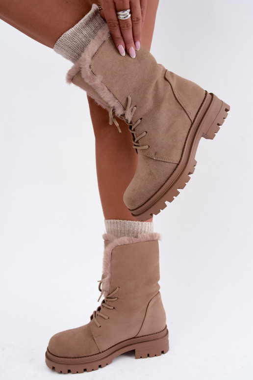 Bottines chaudes couleur sable à lacets avec fourrure à l'intérieur Heloise