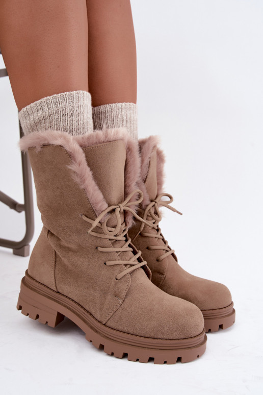 Bottines chaudes couleur sable à lacets avec fourrure à l'intérieur Heloise