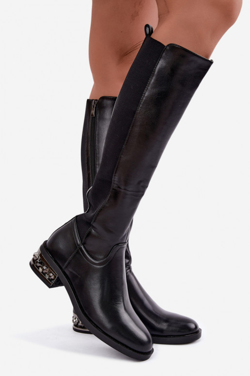 bottes hautes isolées avec talons et beaux détails en couleur noire Emani