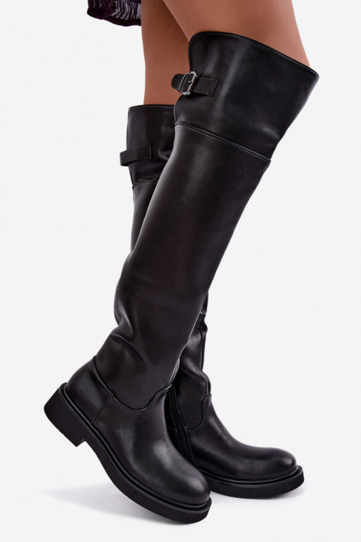 bottes hautes isolées avec talon plat au-dessus du genou et boucles en couleur noire Bonira