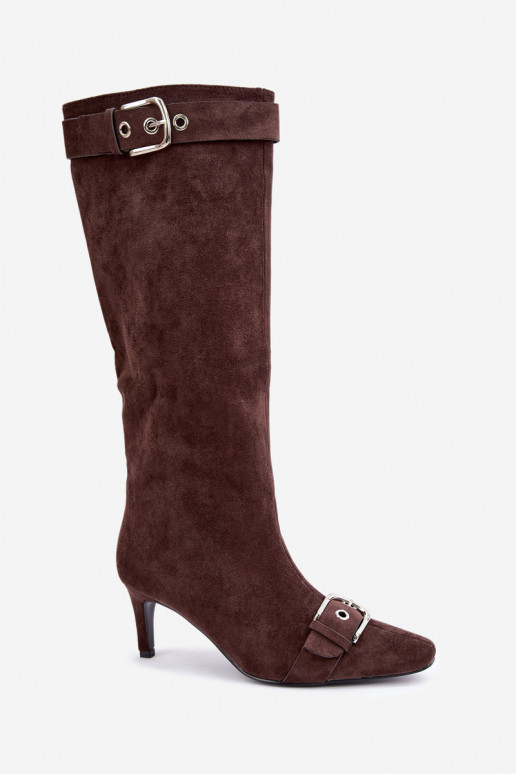 bottes hautes isolées avec talons fins et boucles en couleur marron Finessia