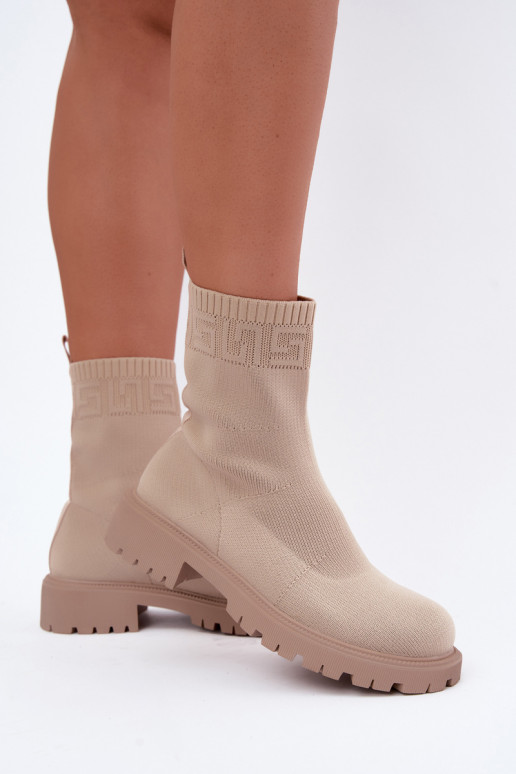 Bottines beiges de style chaussette avec talons larges Isaline