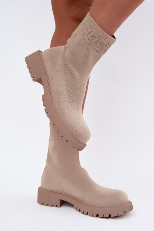 Bottines beiges de style chaussette avec talons larges Isaline