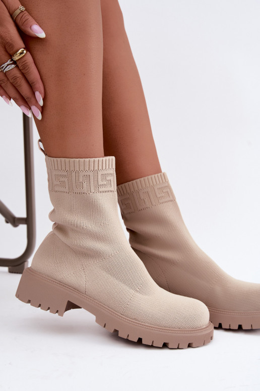 Bottines beiges de style chaussette avec talons larges Isaline