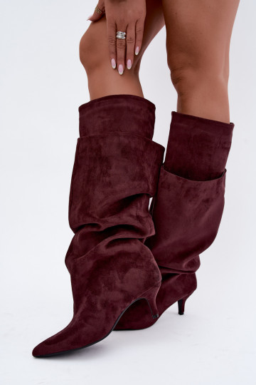 Orielle bottes longues chaudes avec volants et talons couleur bordeaux