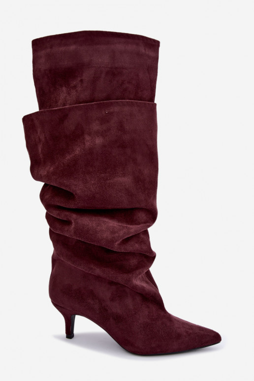Orielle bottes longues chaudes avec volants et talons couleur bordeaux