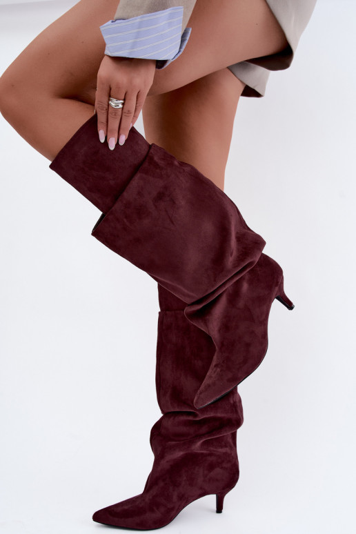 Orielle bottes longues chaudes avec volants et talons couleur bordeaux