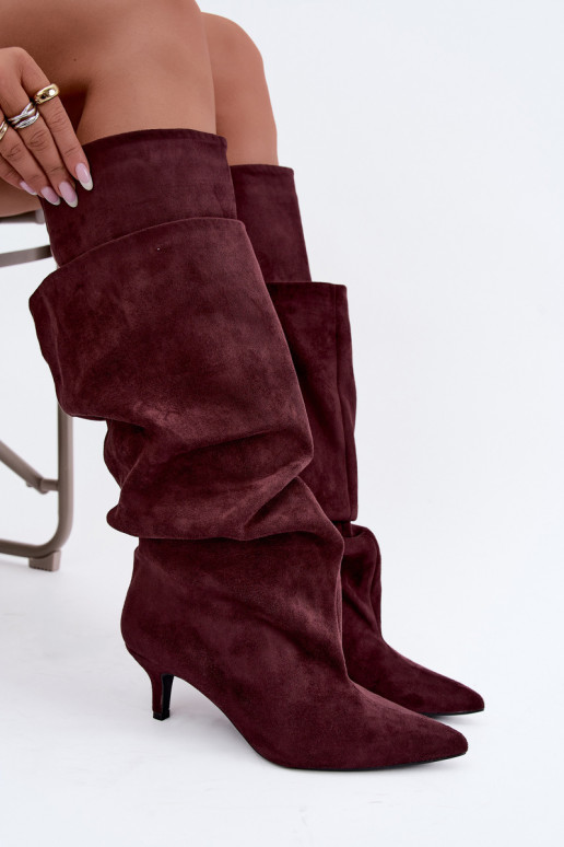 Orielle bottes longues chaudes avec volants et talons couleur bordeaux