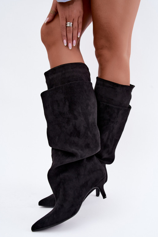 Orielle bottes longues chaudes avec volants et talons couleur noire