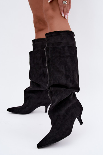Orielle bottes longues chaudes avec volants et talons couleur noire 2