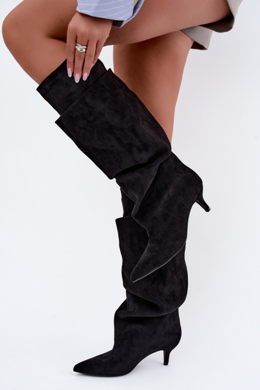 Orielle bottes longues chaudes avec volants et talons couleur noire