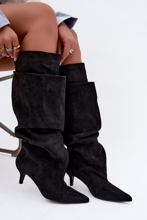 Orielle bottes longues chaudes avec volants et talons couleur noire