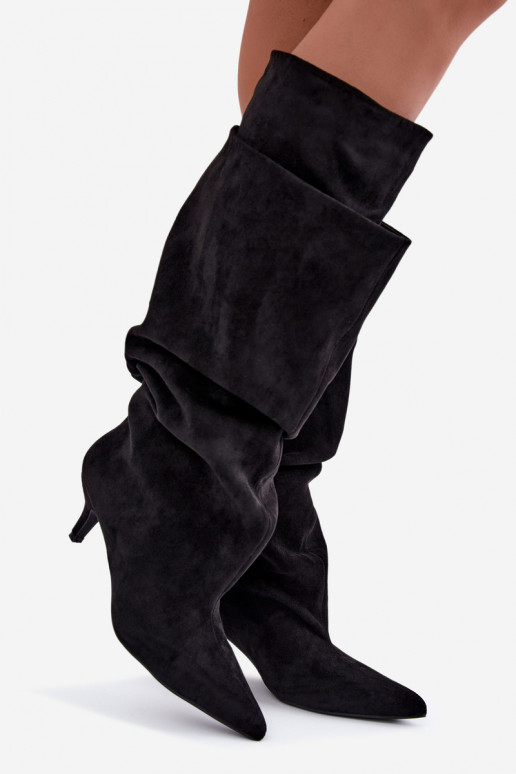Orielle bottes longues chaudes avec volants et talons couleur noire