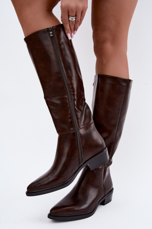 Philomene bottes longues chaudes à talon bas couleur chocolat