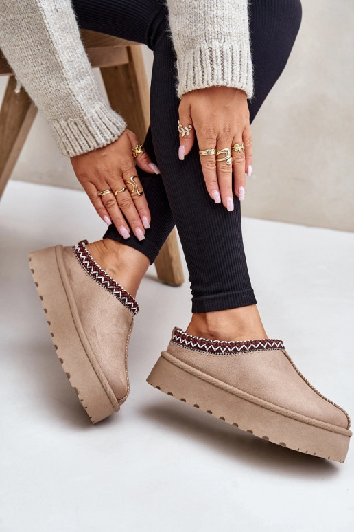 Bottes de neige basses beiges pour femmes avec anneaux brodés sur plateforme Įjungtarirya