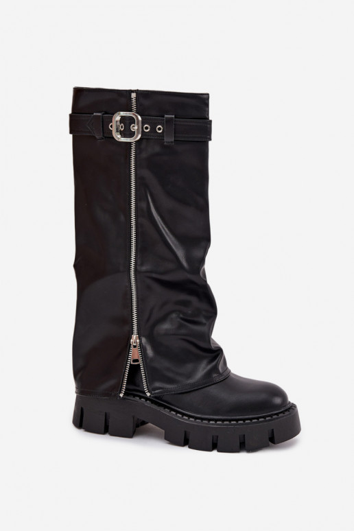 Bottes noires isolées au-dessus du genou avec choleika cousue et boucles argentées Armena