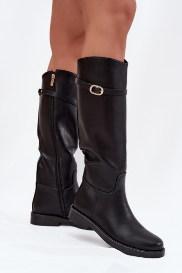 Bottes noires pour femmes au-dessus du genou avec talons larges et boucles dorées Sylvena