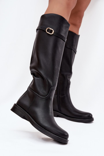 Bottes noires pour femmes au-dessus du genou avec talons larges et boucles dorées Sylvena 2