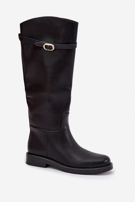 Bottes noires pour femmes au-dessus du genou avec talons larges et boucles dorées Sylvena
