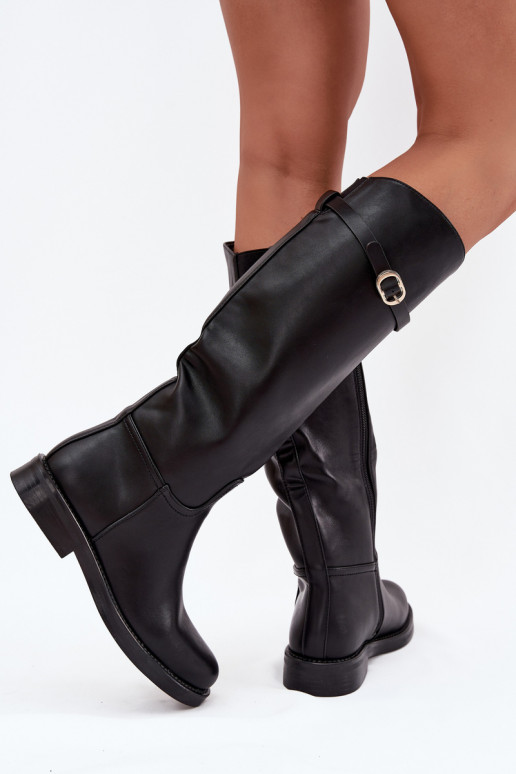 Bottes noires pour femmes au-dessus du genou avec talons larges et boucles dorées Sylvena