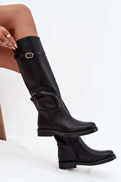 Bottes noires pour femmes au-dessus du genou avec talons larges et boucles dorées Sylvena