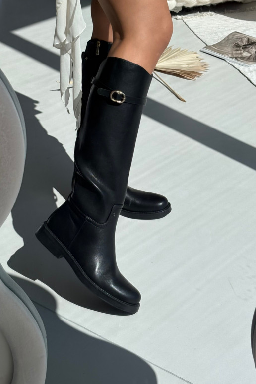 Bottes noires pour femmes au-dessus du genou avec talons larges et boucles dorées Sylvena