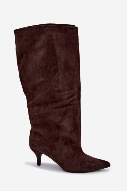 Bottes hautes chaudes avec volants et talons en couleur chocolat Oriellea