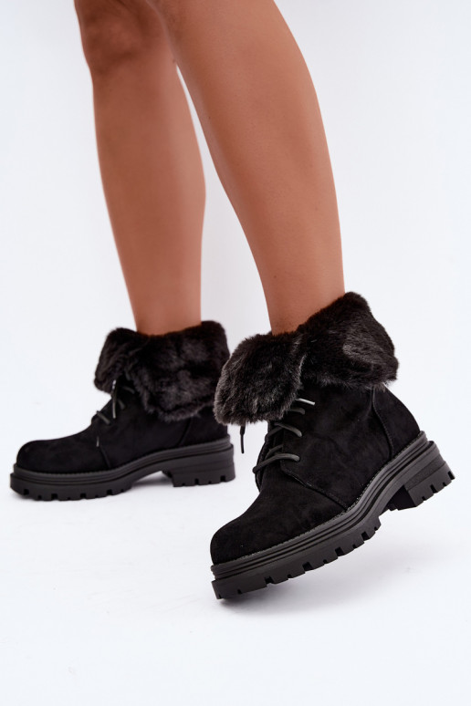 Bottines chaudes à lacets avec fourrure à l'intérieur en couleur noire Heloise