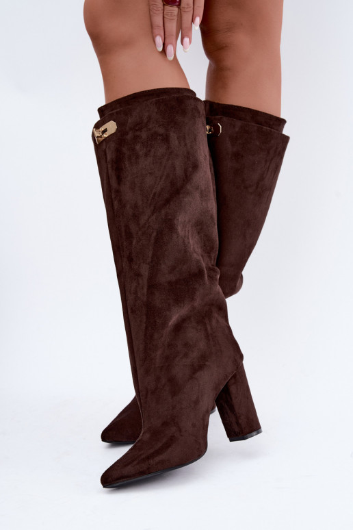 Bottes hautes chaudes avec double tige et talons en couleur chocolat en daim Luminelle