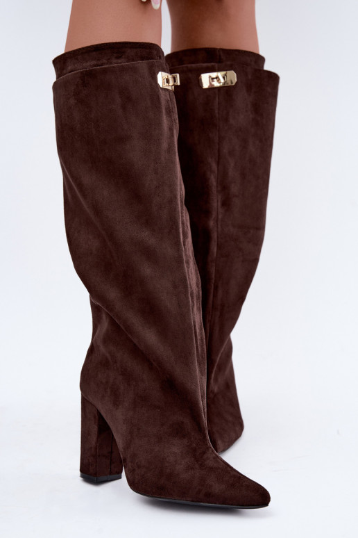 Bottes hautes chaudes avec double tige et talons en couleur chocolat en daim Luminelle