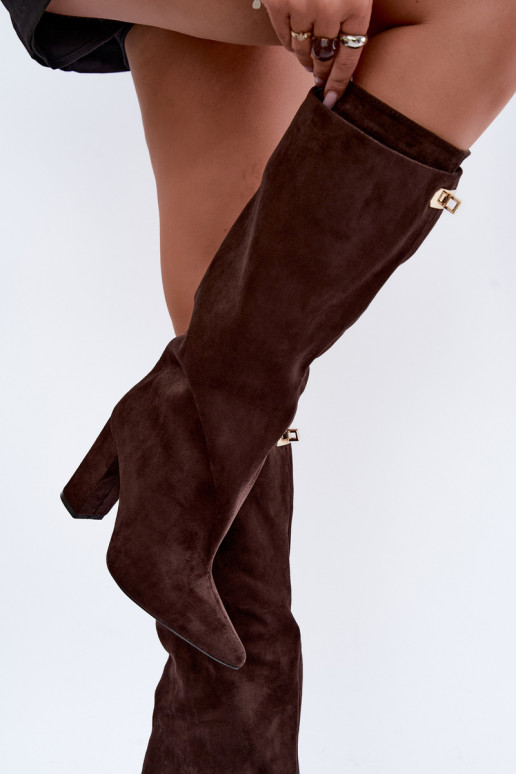 Bottes hautes chaudes avec double tige et talons en couleur chocolat en daim Luminelle
