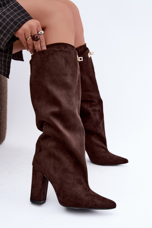 Bottes hautes chaudes avec double tige et talons en couleur chocolat en daim Luminelle
