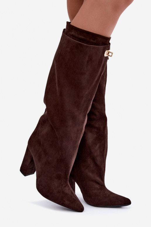 Bottes hautes chaudes avec double tige et talons en couleur chocolat en daim Luminelle