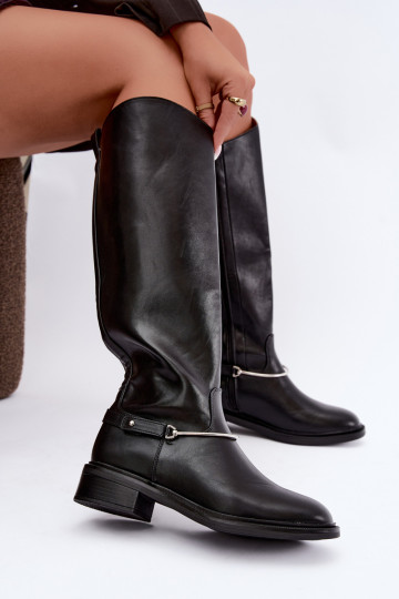 Bottes hautes avec larges talons et rubans décoratifs en couleur noire INillene